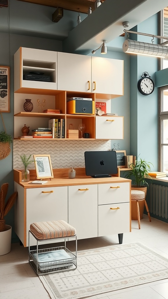A retro-style interior showcasing innovative storage solutions with wooden cabinetry and colorful accents.