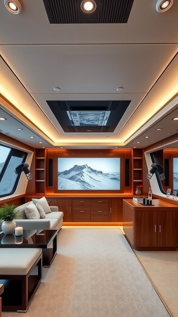 Luxurious yacht interior with modern lighting and entertainment options