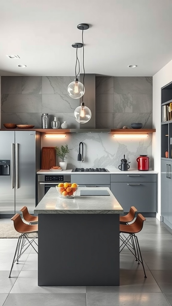 A modern kitchen featuring a sleek design with gray cabinets, pendant lights, and a central island.