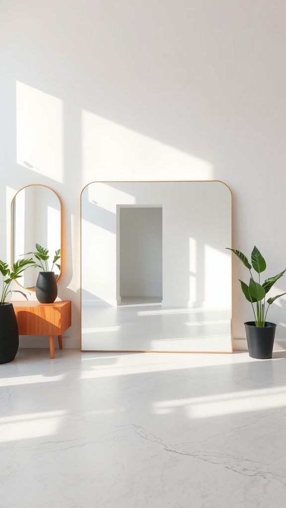 Modern interior featuring mirrors and plants.