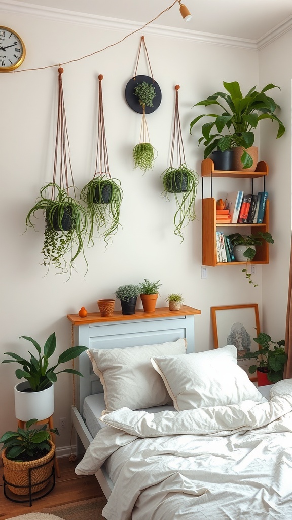 A small bedroom featuring decorative wall plants and a bookshelf