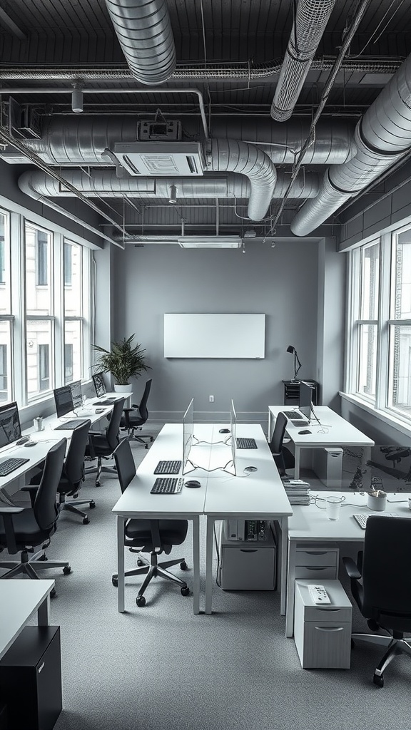 A modern office interior featuring an open layout with multiple workstations and natural light.