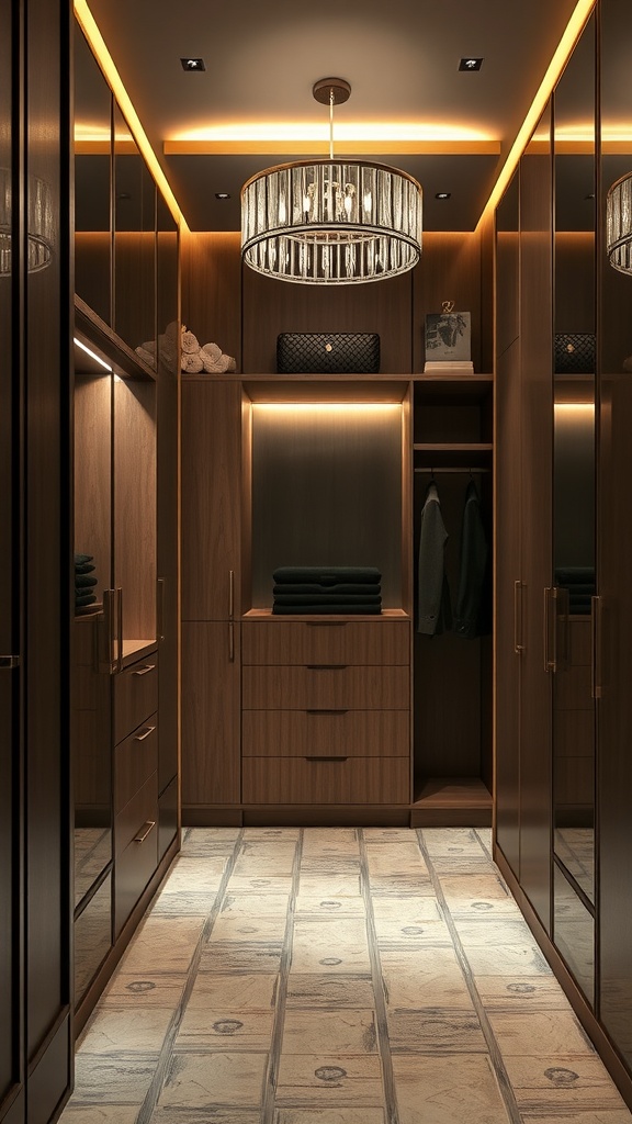Luxurious wardrobe interior with wooden finishes and ambient lighting