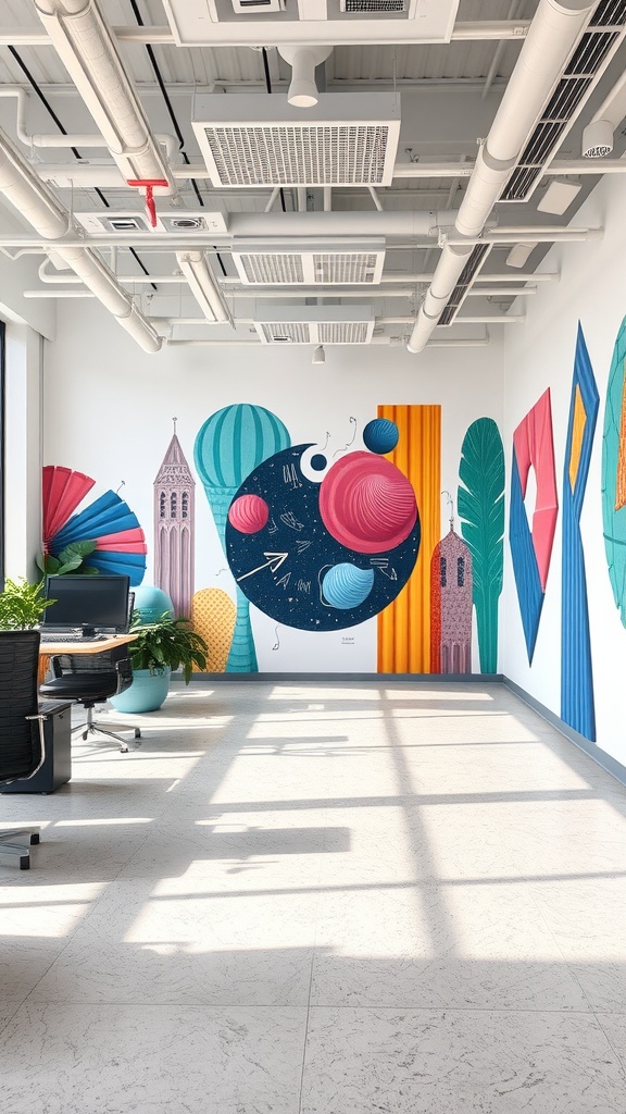 A bright and colorful office interior with playful art installations on the walls.