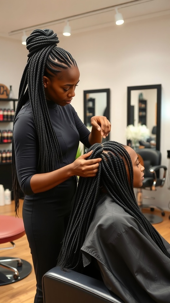 A hairstylist installing butterfly locs on a client in a salon