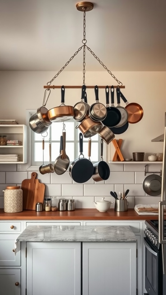 A stylish pot rack hanging above a kitchen counter with various pots and pans