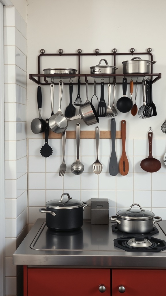 A wall-mounted pot rack displaying various pots and utensils in a small kitchen.