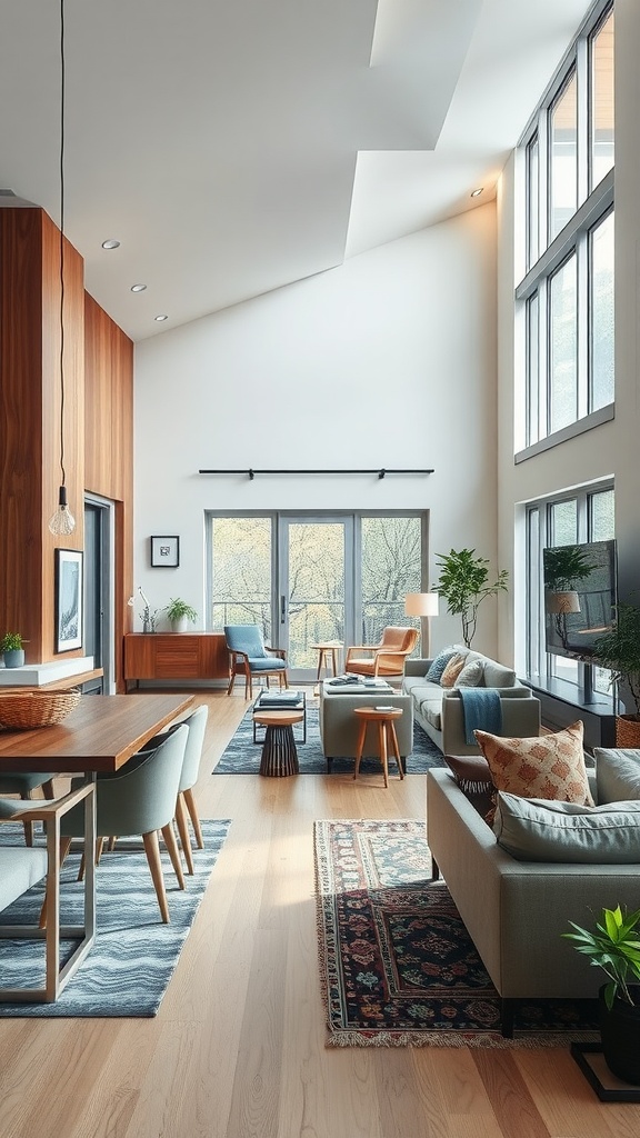 A modern integrated dining and living room with large windows and stylish furniture.