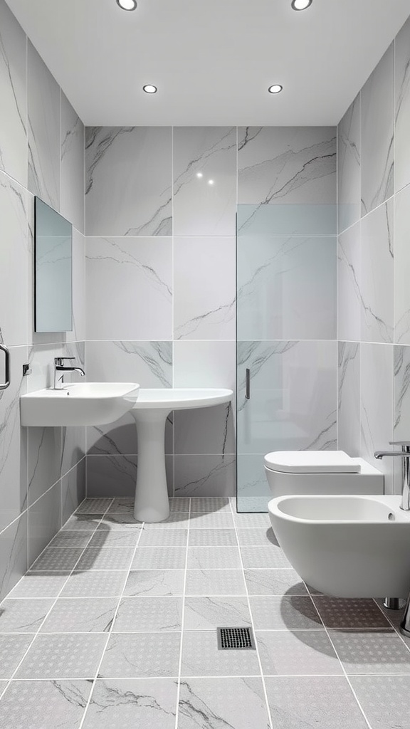 A modern bathroom featuring sleek design with integrated technology elements.