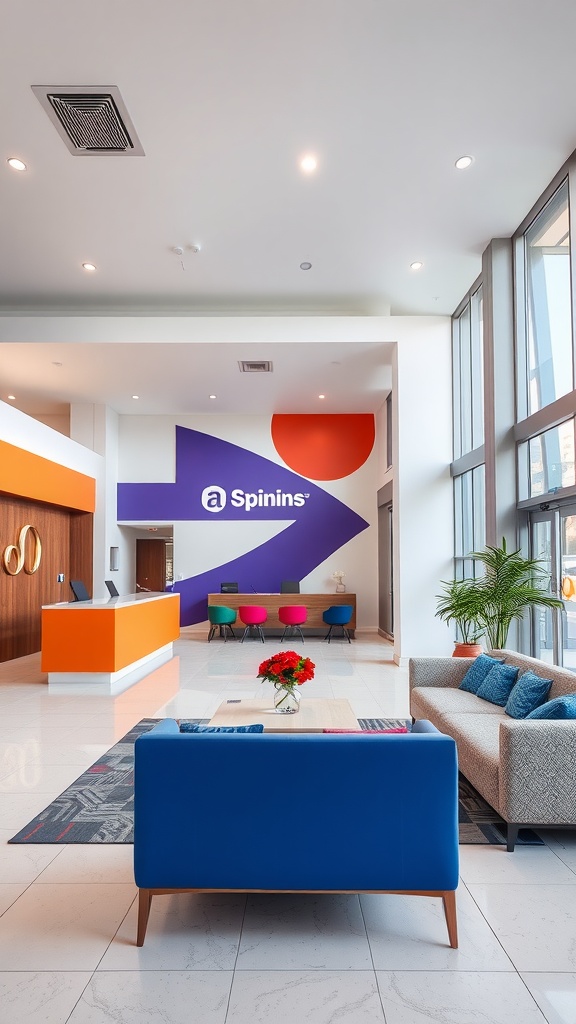 Interior design of a modern lobby featuring bright colors and branding elements.