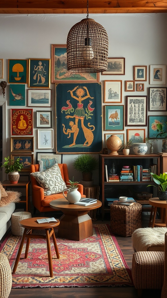 A cozy bohemian interior featuring cultural artifacts and colorful decor.