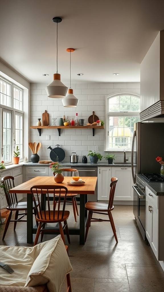 A cozy kitchen with a dining area and modern decor.