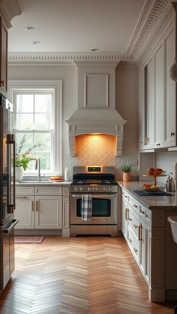 A neoclassical kitchen featuring traditional cabinetry and modern appliances.