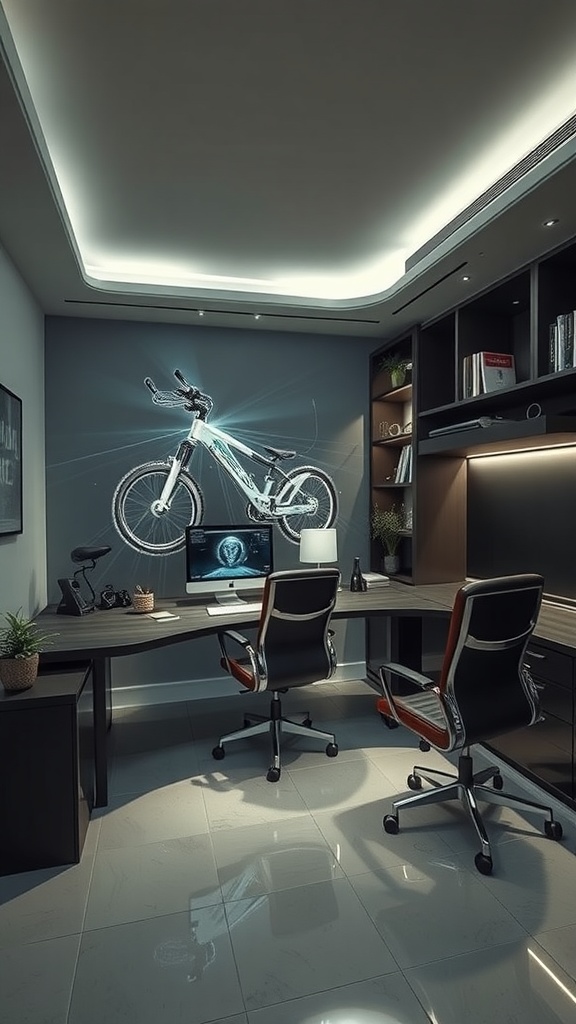 A modern office space showcasing a bike projection on the wall and sleek furniture.