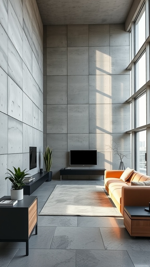 A modern living room featuring concrete walls, large windows, and stylish furniture.