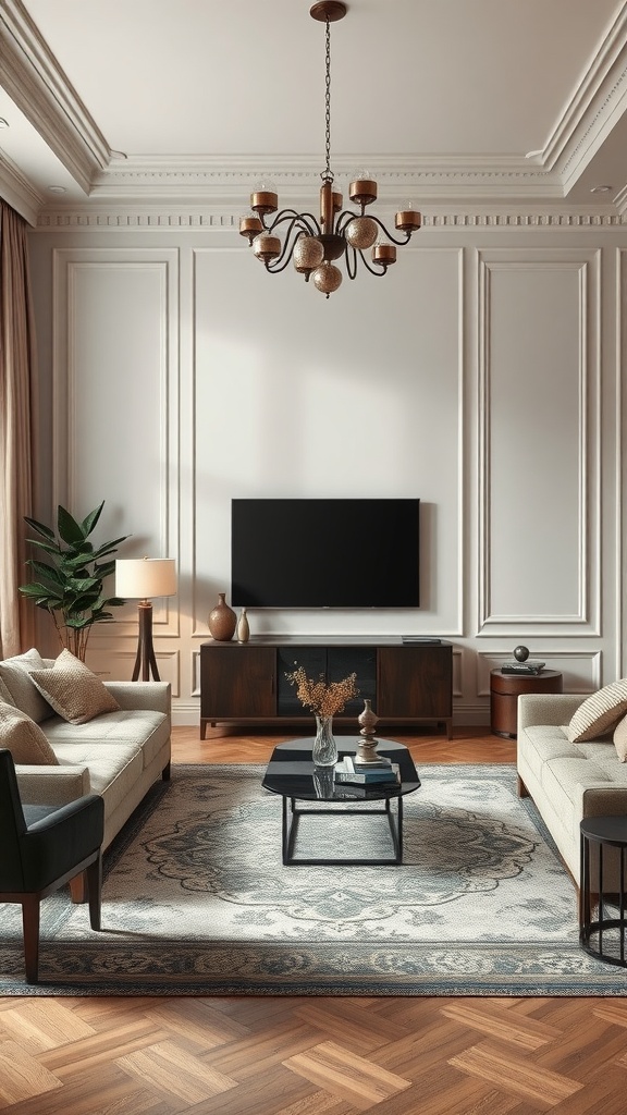 A modern classic interior featuring a cozy living room with elegant furniture and integrated technology.