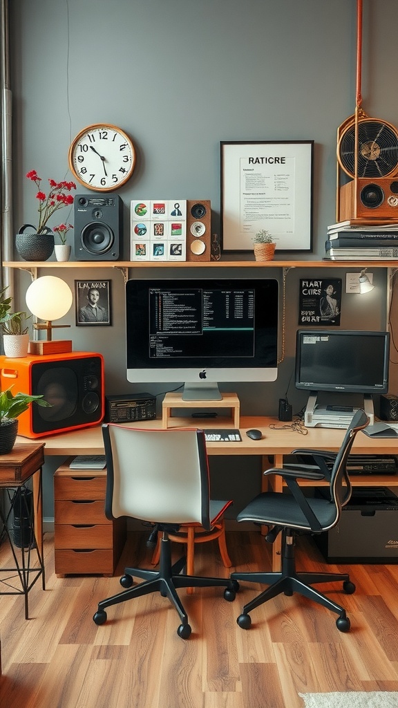 A retro futurism interior featuring a modern computer setup with vintage decor elements.
