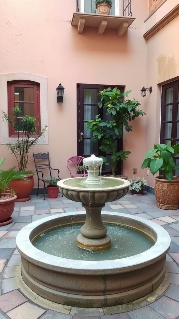 A small patio featuring a fountain surrounded by plants and seating.