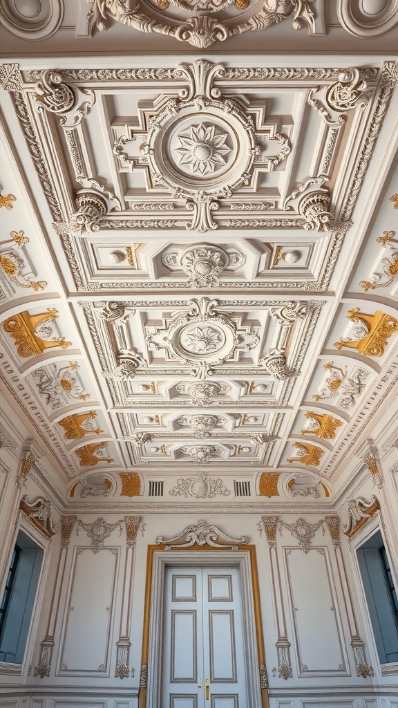 Intricate ceiling design featuring ornate patterns and gold accents.