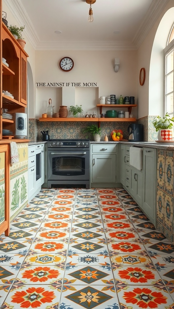 Colorful Mediterranean-style tiled kitchen floor with intricate designs.