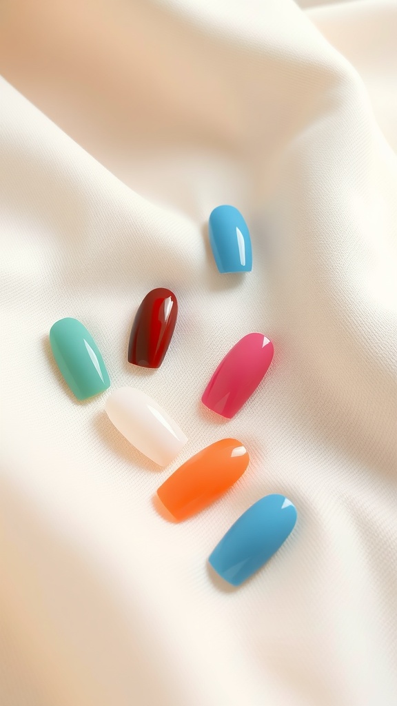 A variety of colorful oval-shaped nail tips laid on a soft fabric.