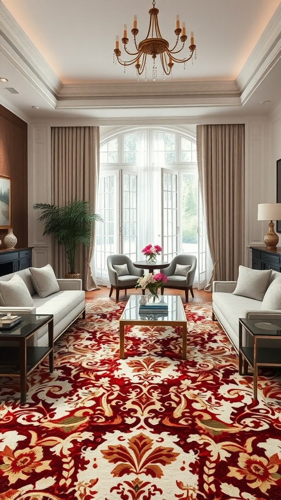 A stylish living room featuring a beautifully patterned carpet with elegant furniture and natural light.