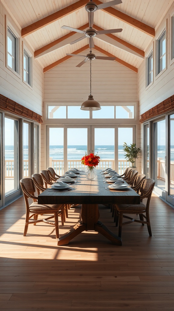 A spacious beach house dining area with a large wooden table, comfortable chairs, and views of the ocean through large windows.