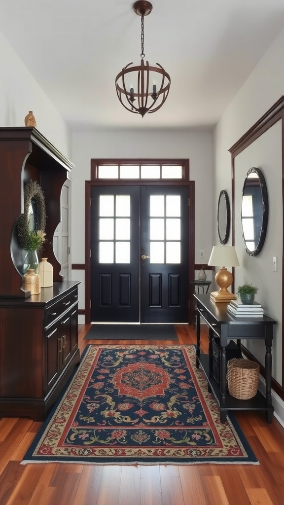 A welcoming entryway featuring dark wood furniture, a colorful rug, and bright doors.