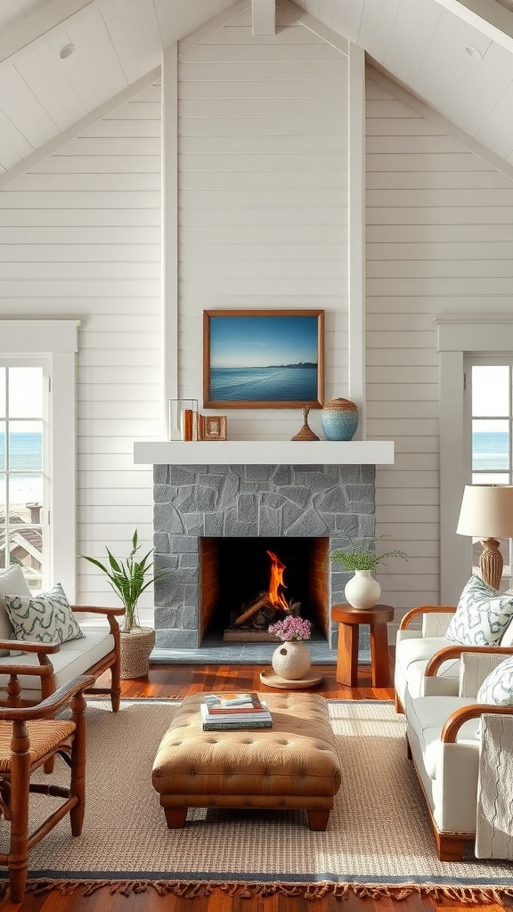 Cozy beach house interior with a fireplace, comfortable seating, and a warm atmosphere.