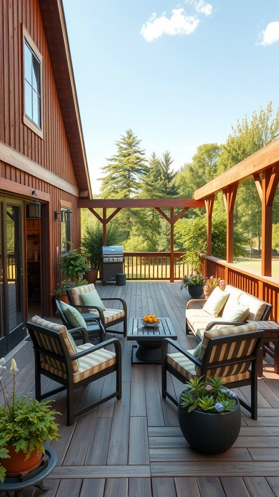 Cozy outdoor seating area on a barndominium deck with plants and a grill.