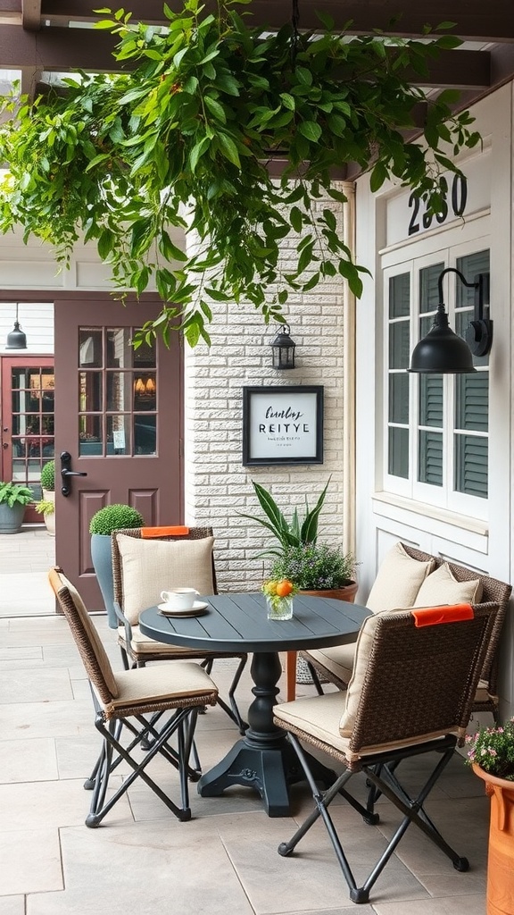 A small patio with a round table, two chairs, and plants, creating an inviting seating area.