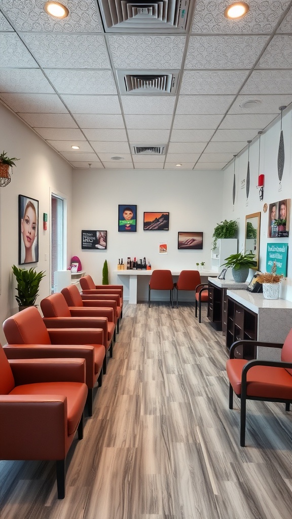 Interior of a nail salon showing a clean and inviting waiting area with comfortable seating and decorative plants.
