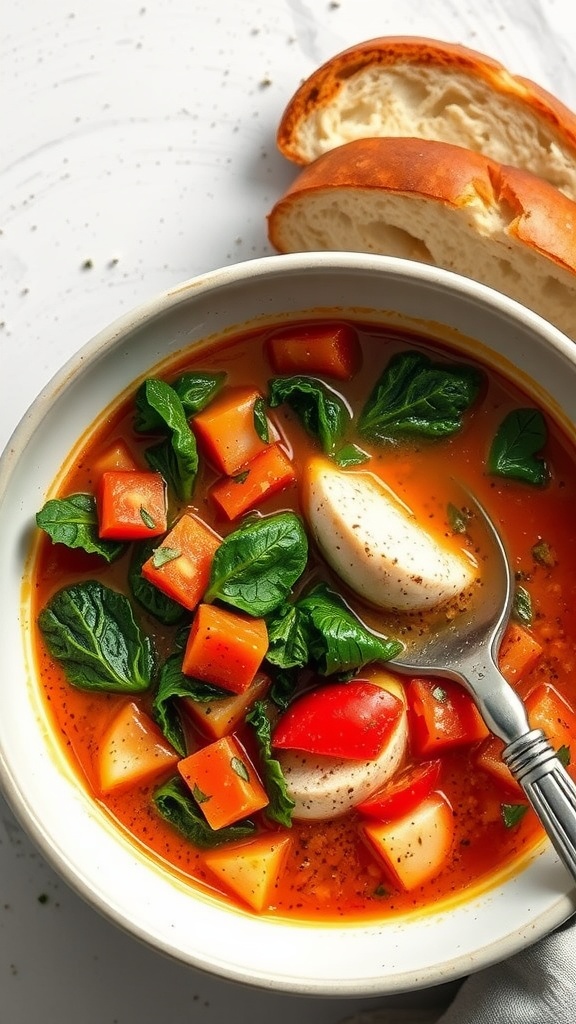Bowl of Italian chicken soup with kale, red peppers, and potatoes, served with bread.