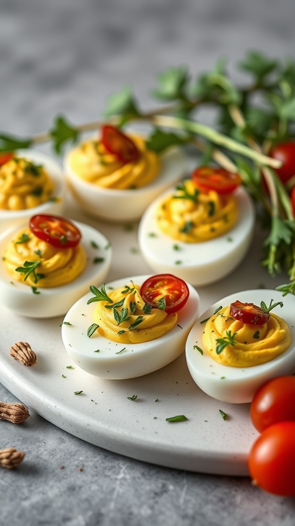 Plate of Italian Herb Deviled Eggs garnished with cherry tomatoes and fresh herbs.