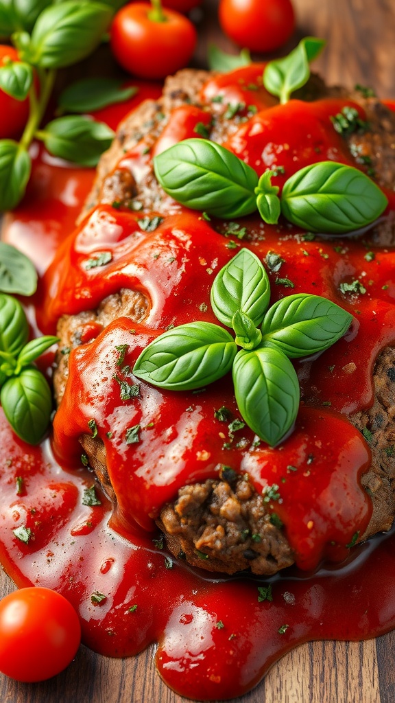 Italian herb meatloaf topped with marinara sauce and fresh basil leaves