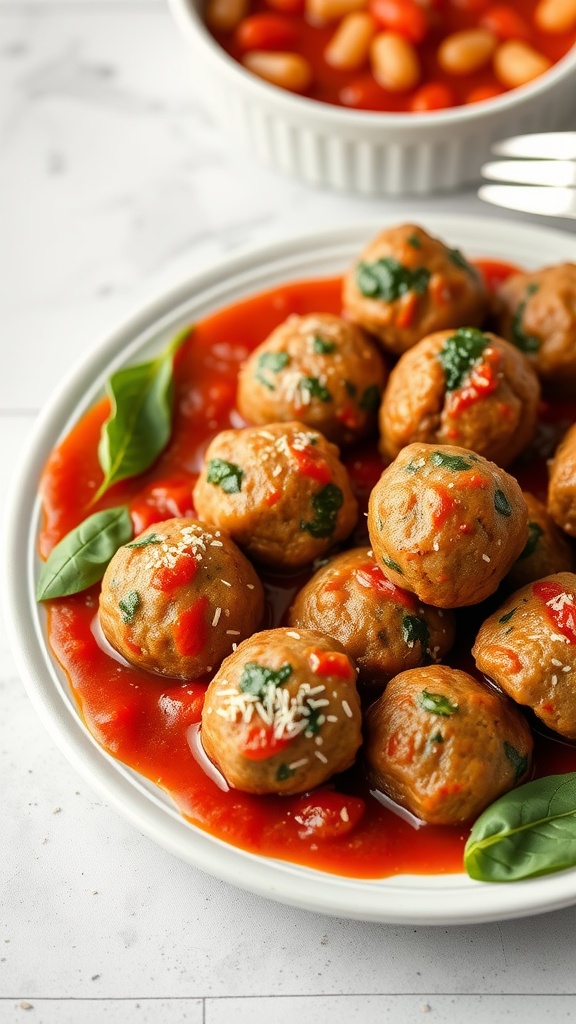 Plate of Italian sausage and spinach meatballs served with marinara sauce and garnished with basil.