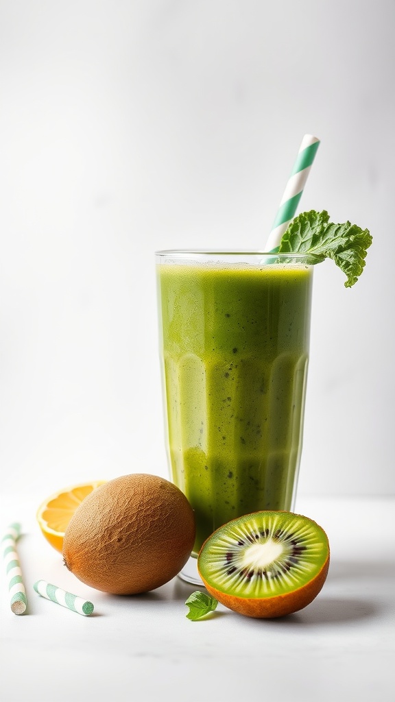 A refreshing kale and kiwi green smoothie in a glass with a straw, surrounded by fresh fruits.