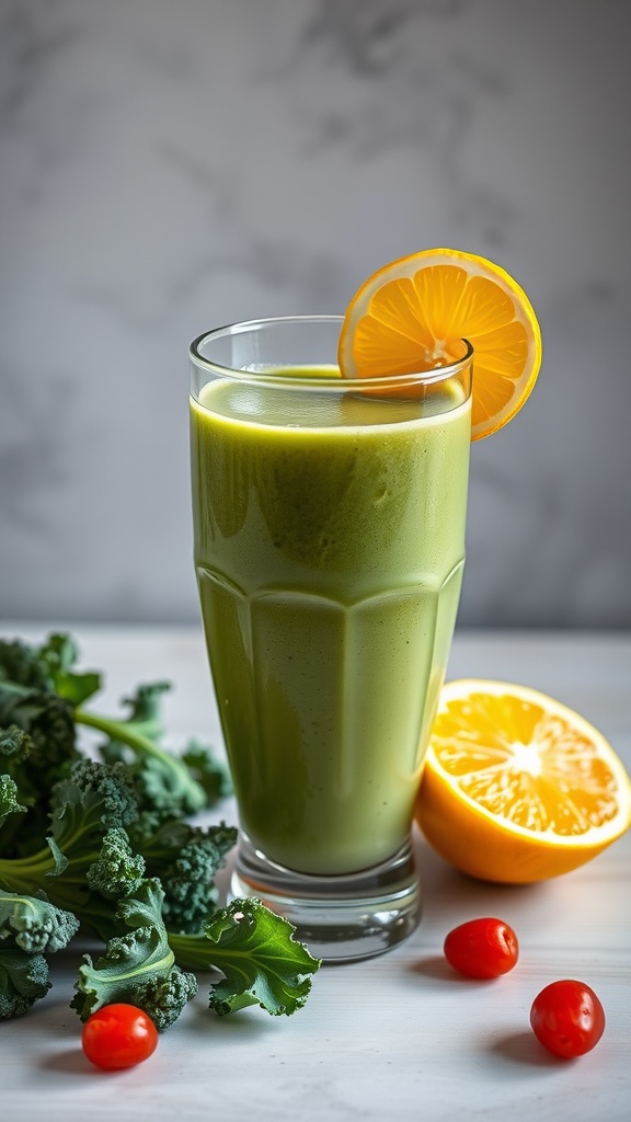 A green kale citrus smoothie served in a tall glass, garnished with a slice of lemon.