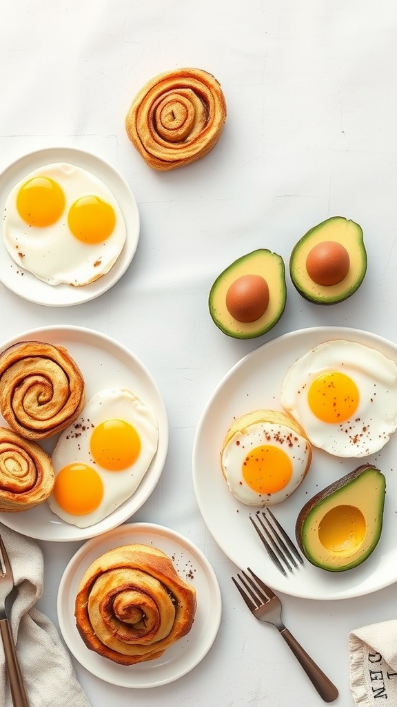 Delicious keto cinnamon rolls with eggs and avocado on plates.