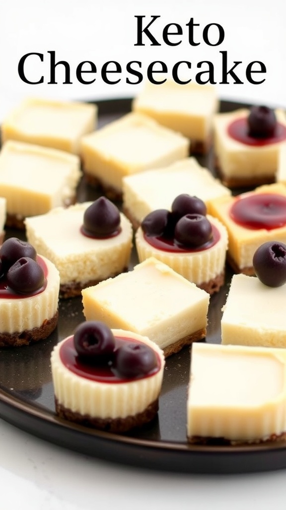 Delicious keto cheesecake bites on a plate, featuring creamy cheesecake topped with berries.