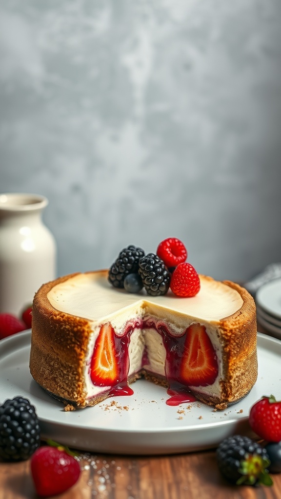 A keto cheesecake featuring a surprise filling of berries, topped with fresh berries.