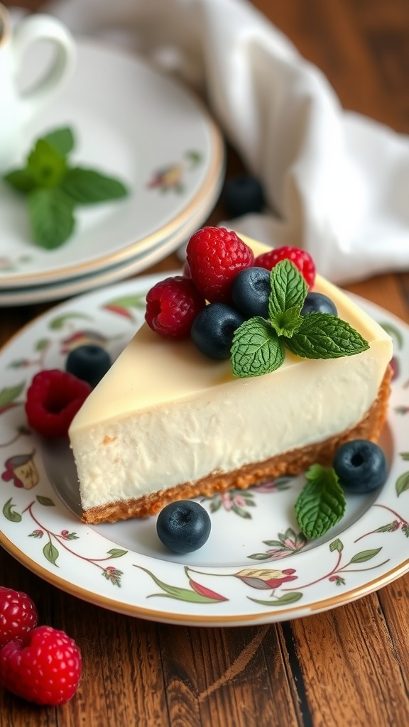 A slice of keto cheesecake topped with fresh berries on a decorative plate.