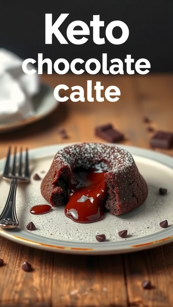 A delicious keto chocolate lava cake with a gooey center on a plate.