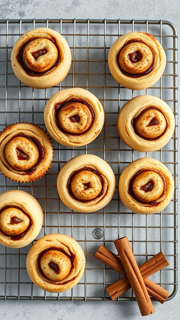 Delicious keto cinnamon roll muffins on a cooling rack.
