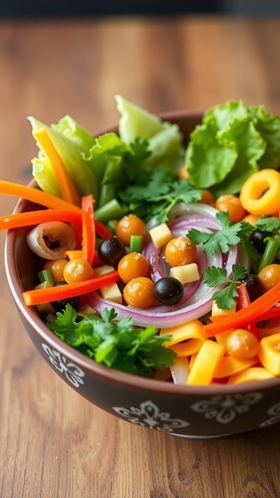 A bowl filled with colorful veggies and green herbs, showcasing a vibrant and healthy meal.