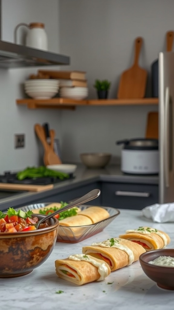 Keto egg rolls with fresh vegetables and dipping sauces on a table.