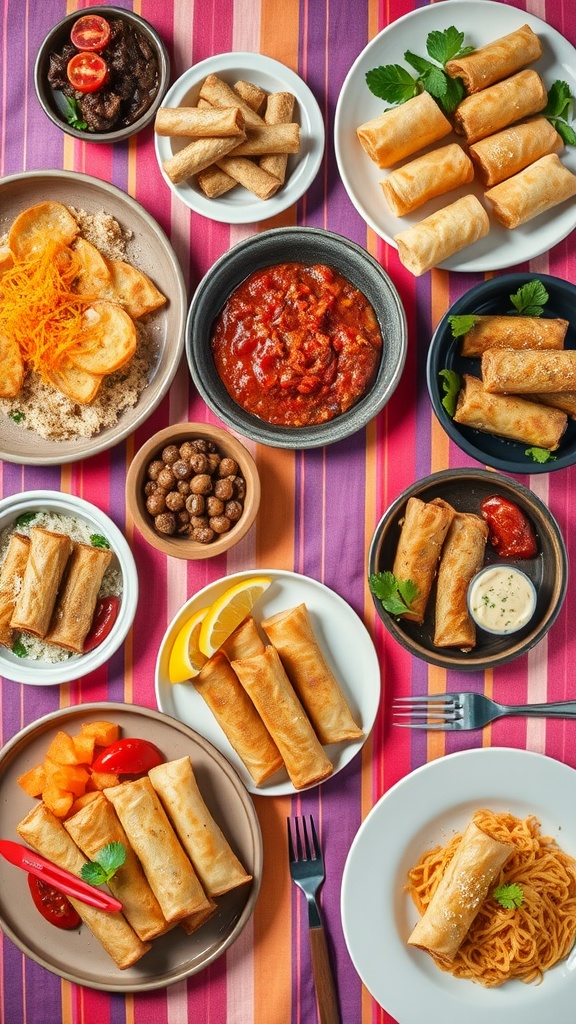 A variety of keto egg rolls served on colorful plates.