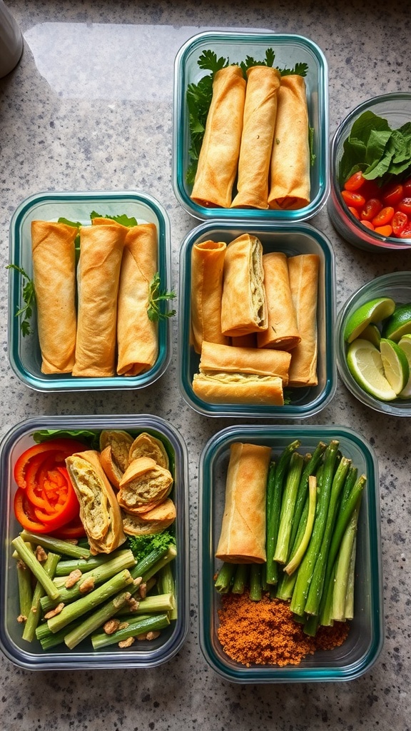 A variety of meal prep containers with keto egg rolls and fresh vegetables.