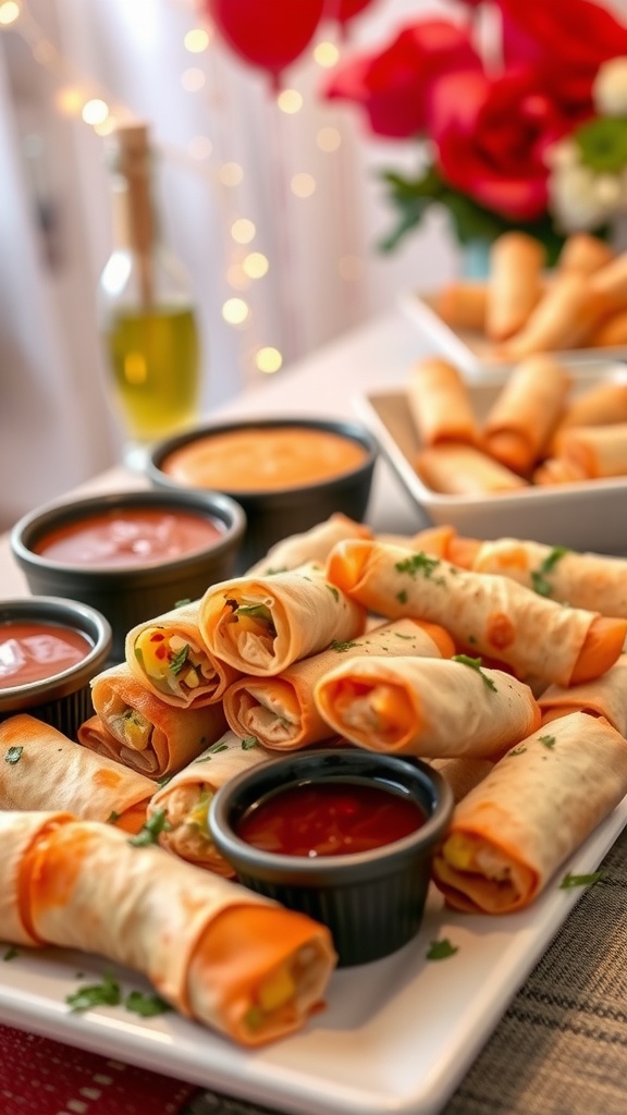 Delicious keto egg rolls served with various dipping sauces.