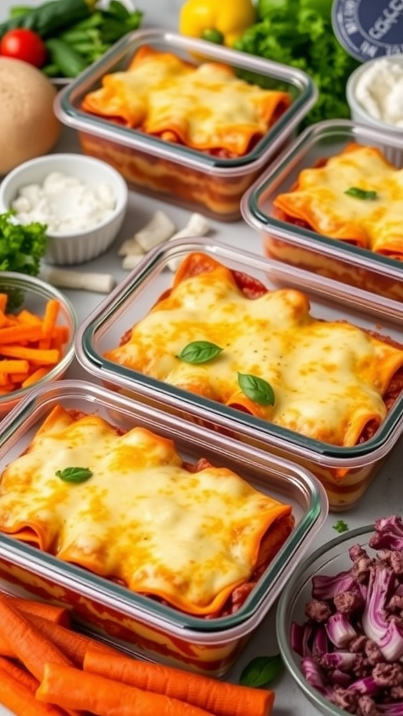 Keto lasagna meal prep with layers of zucchini, cheese, and meat sauce in containers.